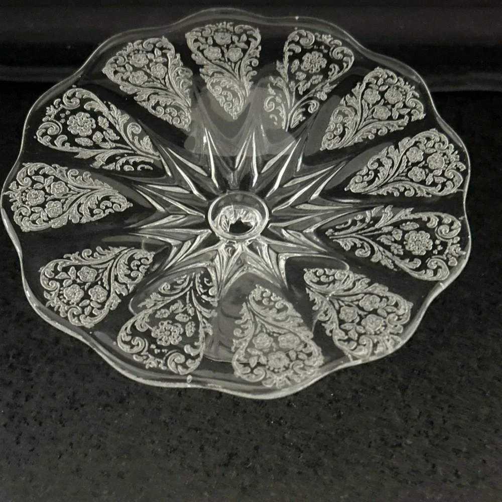 Beautiful small Pressed Glass Floral Pedestal Stand, Scalloped Edge, Round
